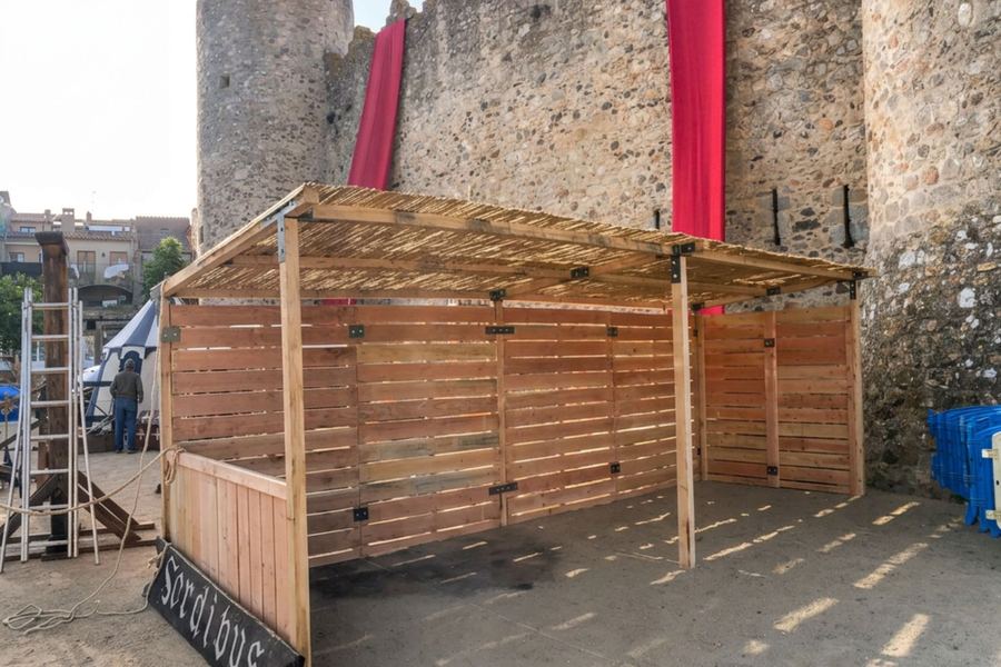 Caseta de fusta amb sostre de canya muntada al peu de la muralla d’un castell